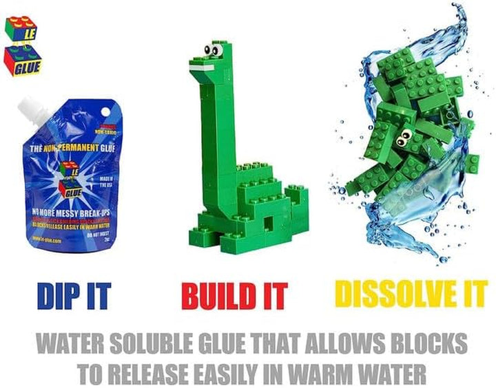 Le Glue Temporary Glue - Compatible with Legos - Non-Permanent Clear Adhesive for Plastic Building Blocks - No Messy Break-Ups - Non-Toxic Formula - Created for Kids, by a Kid