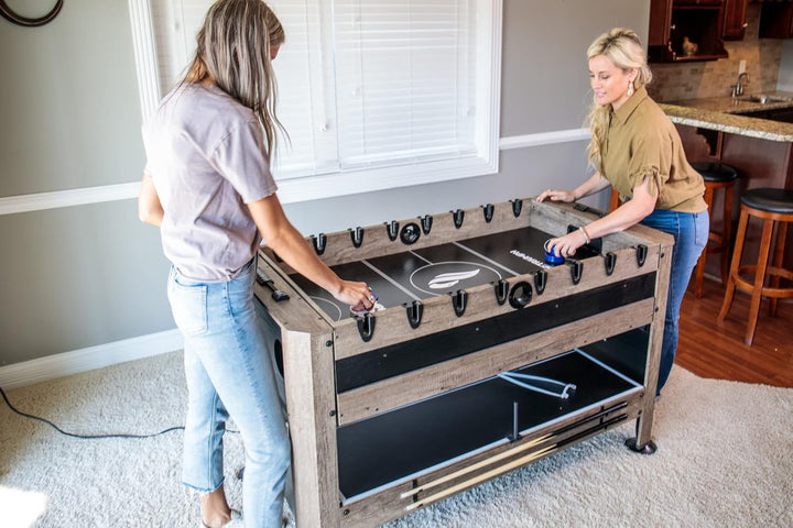 56” 4-In-1 Swivel Multi-Game Table - Air Hockey, Billiards, Foosball, Ping Pong - Rustic Wood Grain Finish, Brown