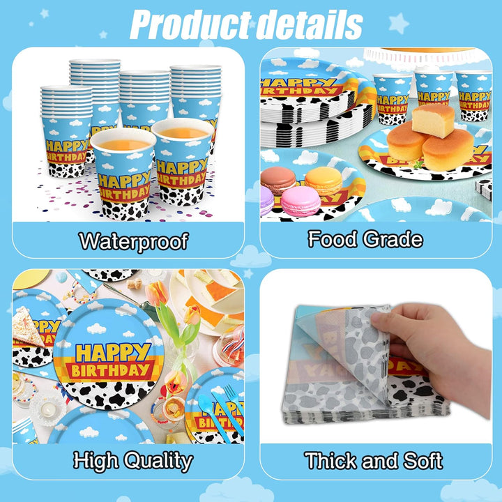 175Pcs Cartoon Birthday Party Supplies Cow Print Birthday Party Decorations Cartoon Plates and Napkins Tableware Set Blue Cloud Cow Print Party Supplies Kids 1St 2Nd 3Rd 4Th Party Decor