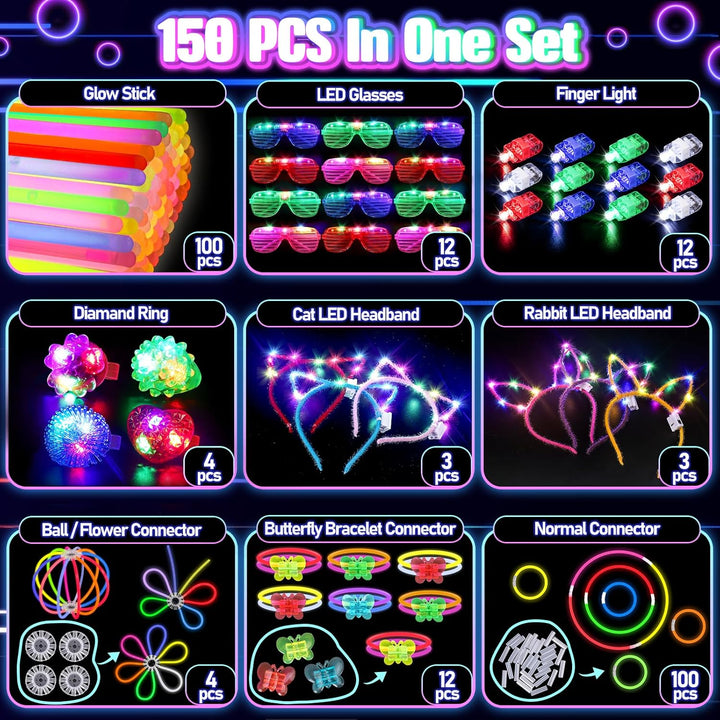 150PCS Glow in the Dark Party Supplies for Kids Adults, Light up Party Favors with Light up Glasses, Headband, Rings, 100 Glow Sticks Bulk Party Pack DIY Glow Necklaces Bracelets, Neon Party Supplies