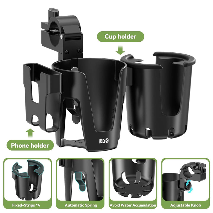 Stroller Cup Holder with Phone Holder, 3-In-1 Removable Bottle Holder, 360 Degrees Rotation Drink Holder for Wheelchair, Stroller, Bike, Walker, Scooter, Bicycle, Uppababy, Bugaboo, Britax