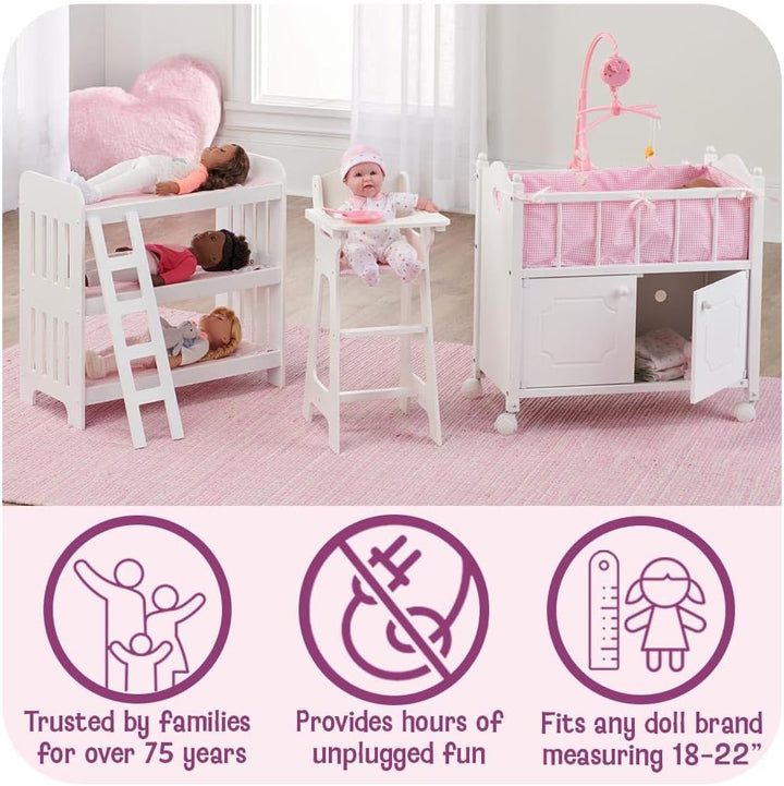 Wooden Doll Bed with Blanket and Pillow with Free Personalization Kit - Fits 18" to 20" Dolls - Ideal for Baby Dolls and Pretend Play Fun - White and Pink Rose Design