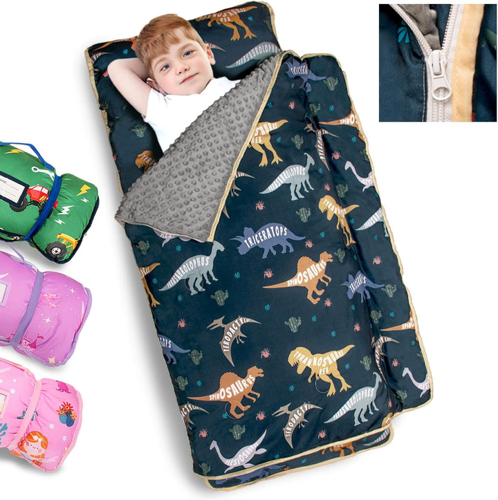 Toddler Nap Mat Extra Large Thickened 55''X35'', Soft Sleeping Bag with Detachable Minky Blanket and Pillow, Portable for Daycare, Preschool, Kindergarten, Travel, Boys and Girls