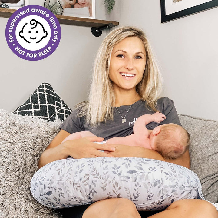 Original Nursing Pillow, Gray Taupe Leaves, Ergonomic Nursing Essentials for Bottle and Breastfeeding, Firm Fiber Fill, with Removable Pillow Cover, Machine Washable