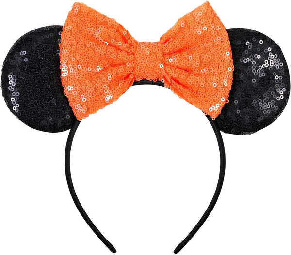 Mouse Ears, Sequin Mouse Ears Headband for Girls Women Halloween Birthday Party (Orange Bow)