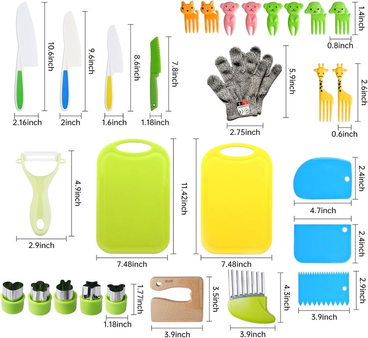 Kids Knife Set for Real Cooking Toddler Kitchen Tools Include 4 Serrated Edges Plastic Safe Knives,Crinkle Cutter Y Peeler Cutting Boards Wood Kids Knife, Kitchen Gloves, Fruit Forks and Dough Cutters
