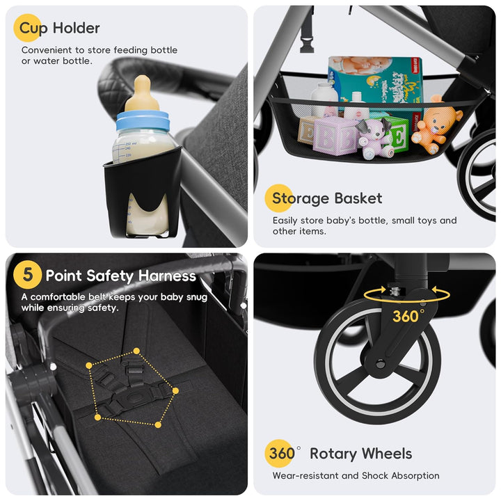 Double Stroller, Foldable Twin Tandem Stroller with Adjustable Backrest, Reversible Seat, 5-Point Harness, Storage Basket, Convertible Baby Bassinet for Infant and Toddler, Gray