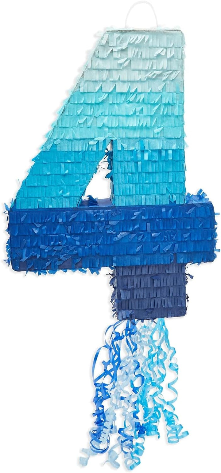 Number 4 Pull String Pinata for Boys 4Th Birthday Party Decorations - Ombre Blue (16.5 X 12 X 3 in 4 Pinata)