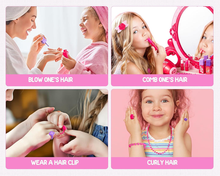 Toddler Vanity Makeup Table Toy with Mirror&Chair，Kids Vanity Set with Light&Music、Pretend Play Makeup Accessories with Hair Dryer Toy，Gift for Girls and Toddlers2 3 4 5 6Years Old