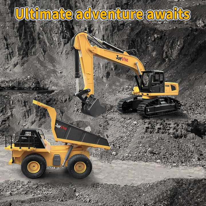 RC Excavator and Dump Truck Toy Set，2.4Ghz Metal Remote Control Construction Vehicle with Light&Sound, Best Christmas Toy for Boys 8+Year Old Kid