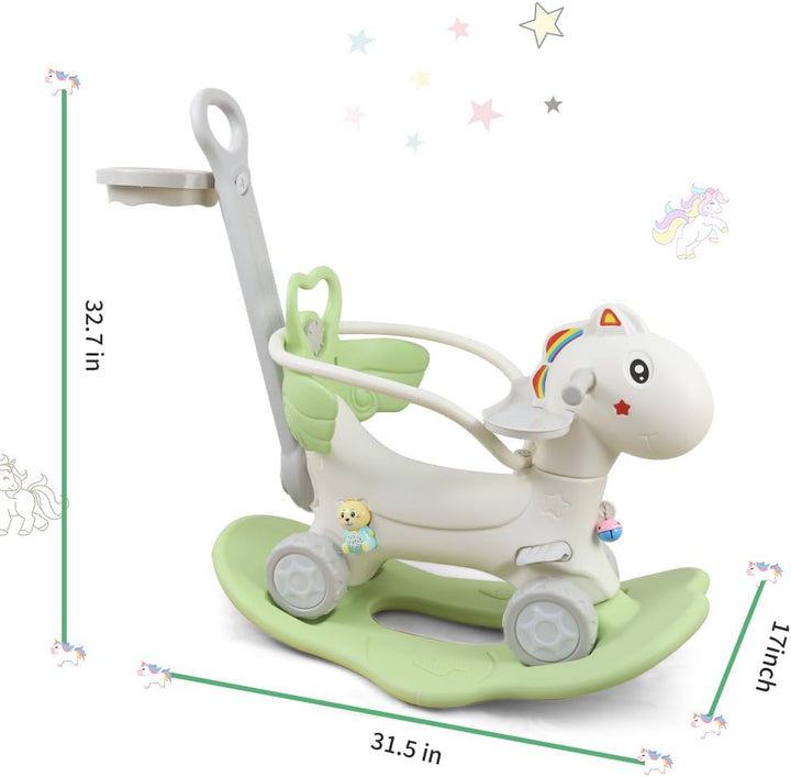 4 in 1 Rocking Horse Ages 1-3, Baby Rocking Toy Birthday Gift for Toddlers 1-3 Years Old, Balance Bike Ride on Toys with Push Handle, Backrest and Balance Board for Baby Girl and Boy, Green