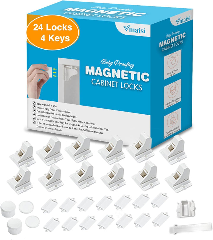 20 Pack Magnetic Cabinet Locks Baby Proofing -  Children Proof Cupboard Drawers Latches - Adhesive Easy Installation