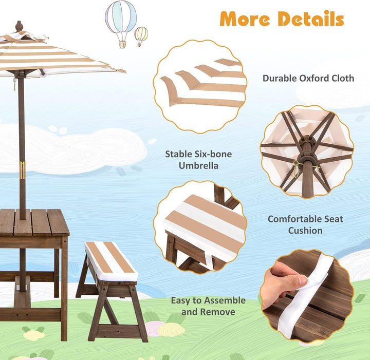 Kids Picnic Table, Toddler Wood Table & Chair Set W/Cushions, Height Adjustable Umbrella, Children Activity Table Outdoor Furniture Set for Patio, Garden, Backyard, Gift for Ages 3-8 (Coffee)