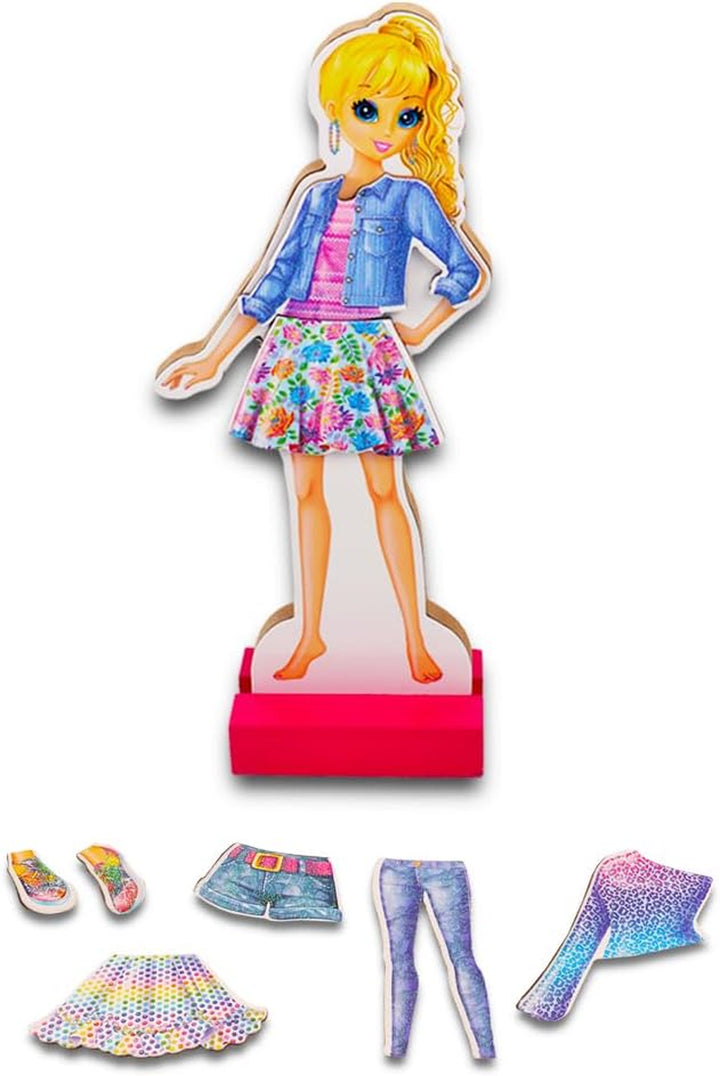 Paper Dolls Activity Set -- 1 Wooden Doll with Stand, 1 Storage Box with over 30 Magnetic Clothing Pieces ( Party Supplies)