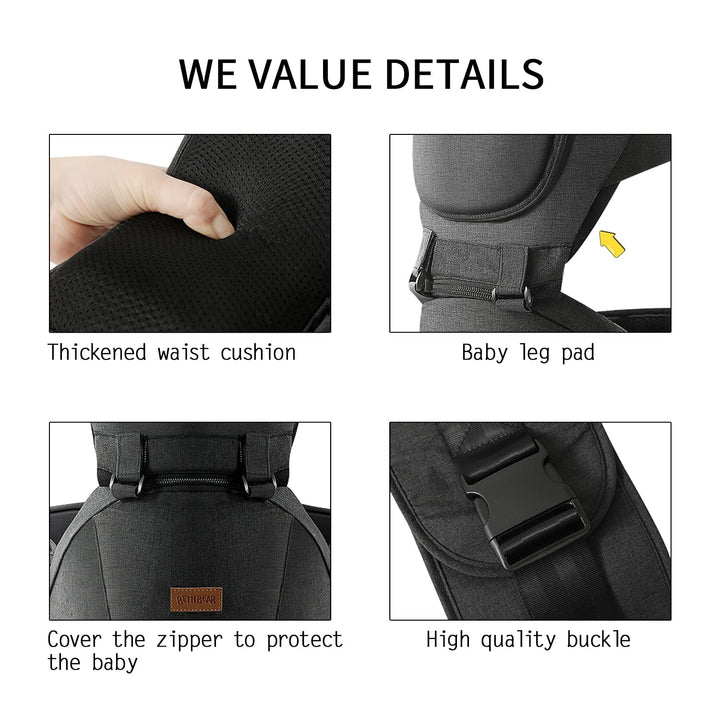 Baby Carrier with Hip Seat, Baby Carrier Newborn to Toddler, 6-In-1 Ways to Carry, All Seasons, Adjustable Baby Holder Carrier for Breastfeeding(Black)