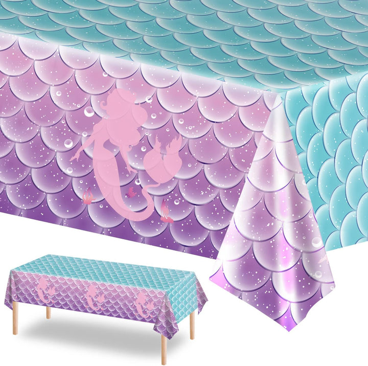 3Pcs Mermaid Birthday Party Tablecloth Decorations,Disposable Plastic Table Cover for Princess under the Sea Baby Shower Themed Kids Birthday Party Supplies,108X54 Inch