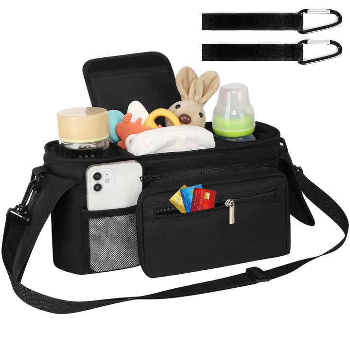 Universal Stroller Organizer with Insulated Cup Holder Detachable Phone Bag and Shoulder Strap,Stroller Bag Caddy Organizer Fits for Uppababy, Baby Jogger, Britax Strollers