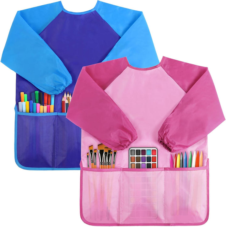 2 Pack Kids Art Smock,Kids Painting Apron,Children Artist Aprons with Long Sleeve 3 Pockets for Toddlers 3-6 Years