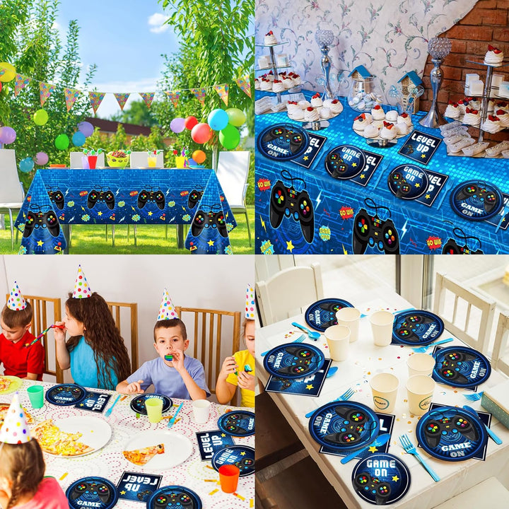 Video Game Party Supplies Tableware Set for 24 Guests - Gaming Birthday Plates, Blue Gamer Decorations Includes Plates, Napkins, Tablecloths