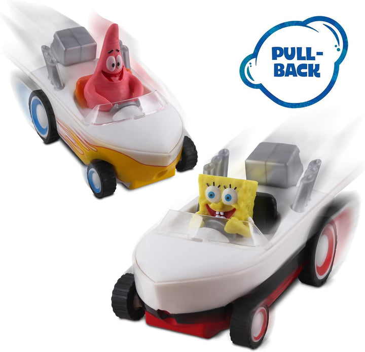 Pull Back 2PK Spongebob & Patrick Hot Rod Boats, Pull Back and Watch Them Zoom, No Batteries, No Controls, No Hassle, Fun–Fast–Portable, Great Gift, Official Nickoledeon Licensed