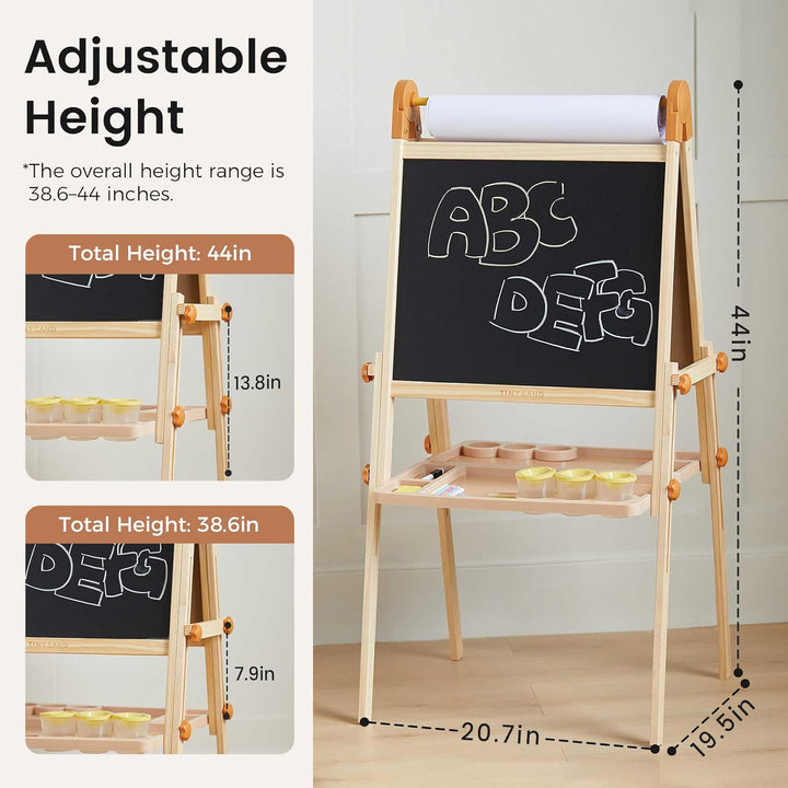 Easel for Kids, Double-Sided Magnetic Easel, Adjustable Wooden Kids Art Easel with Paper Roll, Learning-Toy for 3,4,5,6,7,8 Years Old Boy & Girls