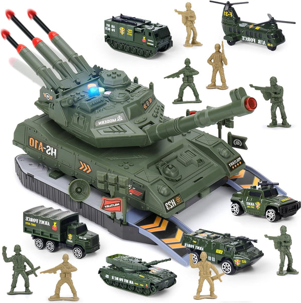6-Piece Die-Cast Army Tank Set for Boys 3-6, with 8 Soldier Figures, Military Toys with Light & Sound, Launchable Missile Tanks