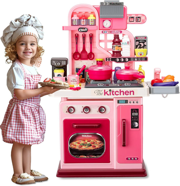 Kids Kitchen Playset-53Pcs Cooking Stove,Paly Sink,Oven,Kitchen Toys with Realistic Lights&Sounds，Pretend Play Toys,Kitchen Toys for Toddlers 1 2 3 (Pink)