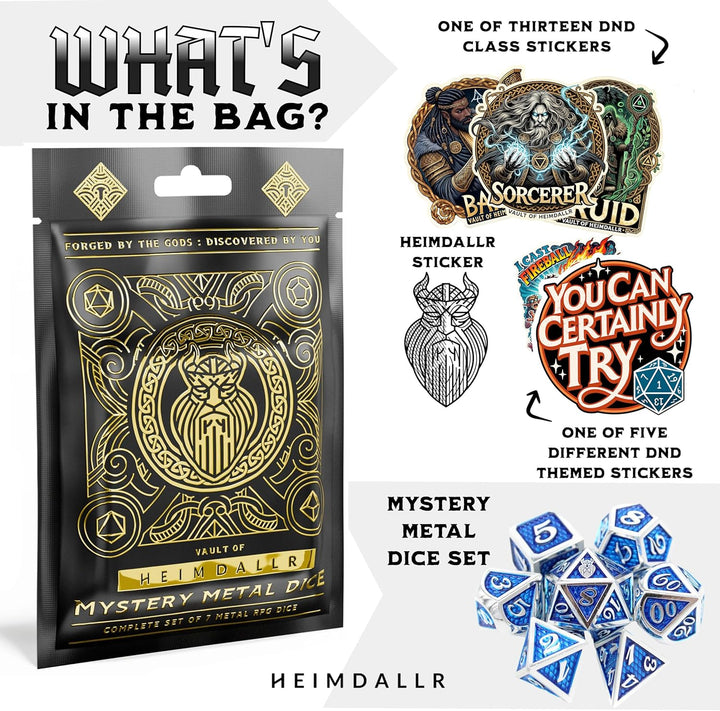 Mystery Metal DND Dice Set – 7Pc Blind Bag with Random Class & Funny DND Stickers – Metal Role Playing Dice for Dungeons and Dragons – Gift for D&D Players, Great for New Characters