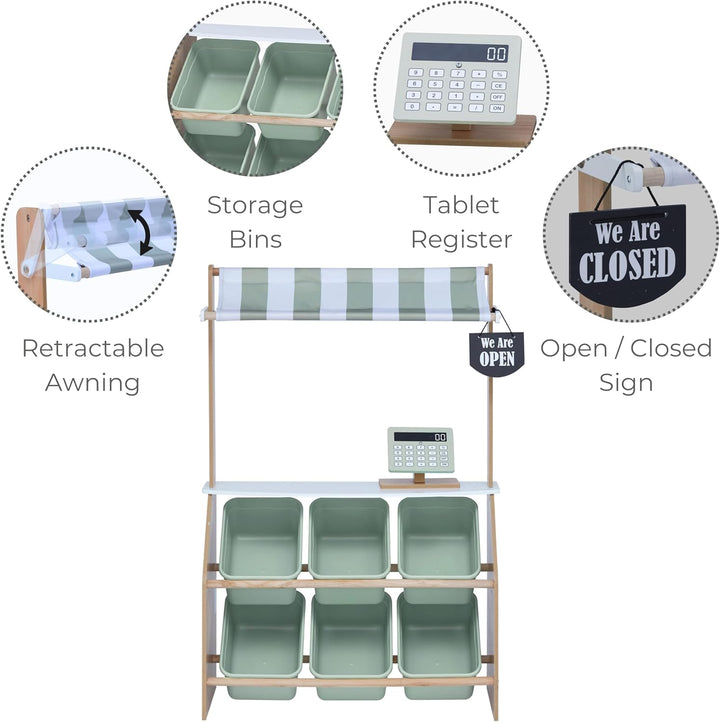 Little Helper Wooden Farmer'S Market Stand with Pretend Cash Register and 6 Plastic Storage Bins, Green, TD-13638A-AMZ