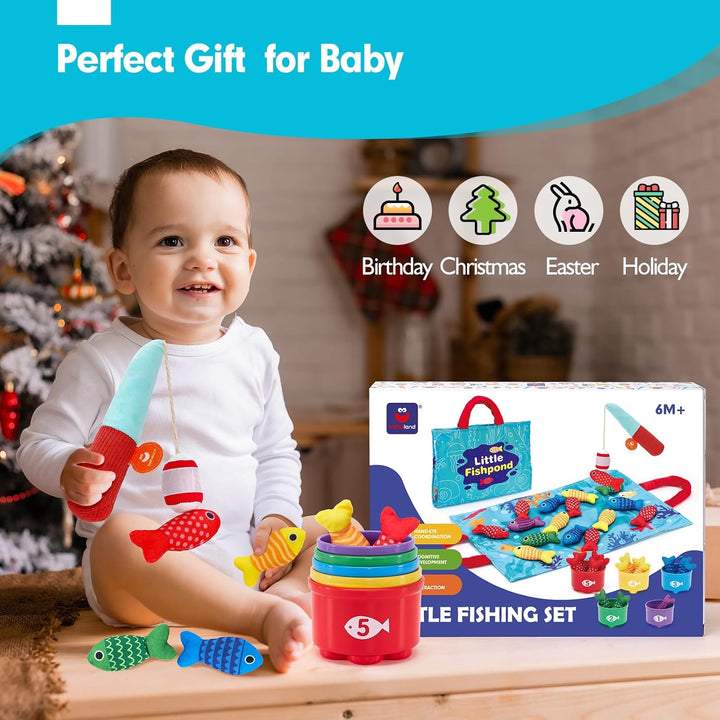 Montessori Toys for 1 Year Old - 10 in 1 Cloth Toddler Fishing Game with Stacking Cups, Baby Toy 12-18 Months One Year Old Boy Birthday Gift, Toddler Toys for 1 2 Year Old Boy Girl Gifts