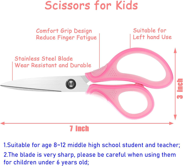 7" Real Left Handed Student Scissors, Premium Stainless Steel Blades Shears for Age 8~12,Ergonomic Semi-Soft ABS Rubber Grip, Suitable for School, Office and Family Daily Use,Pink