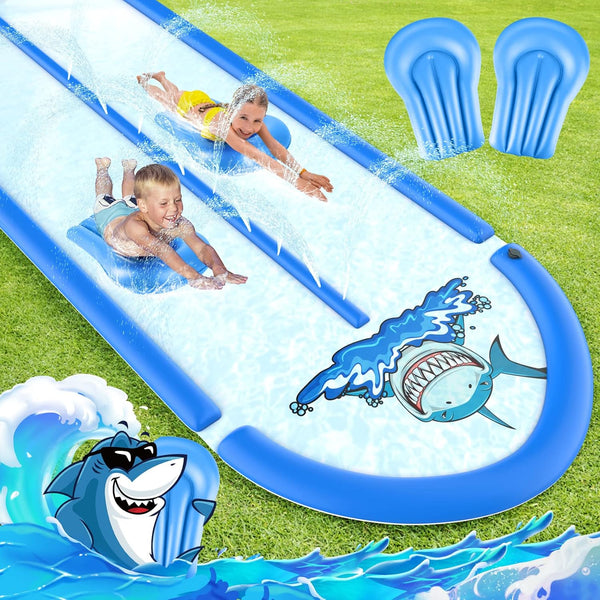 30FT Slip Water Slide with 2 Bodyboards, Heavy Duty Double Lane for Kids Backyard Games with Sprinkler, Summer Outdoor Water Toys outside Play for Kids and Adults