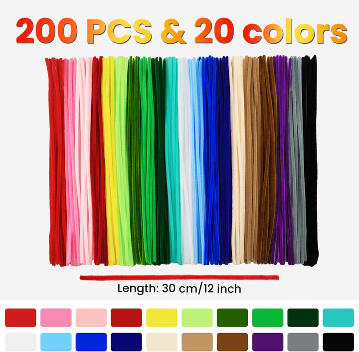 200PCS Pipe Cleaners with Instruction Manual 20 Colors Chenille Stems Bulk Art Craft Supplies Colorful Thick Fluffy Fuzzy Wire Sticks DIY Project for Kids Adults Back to School Supplies