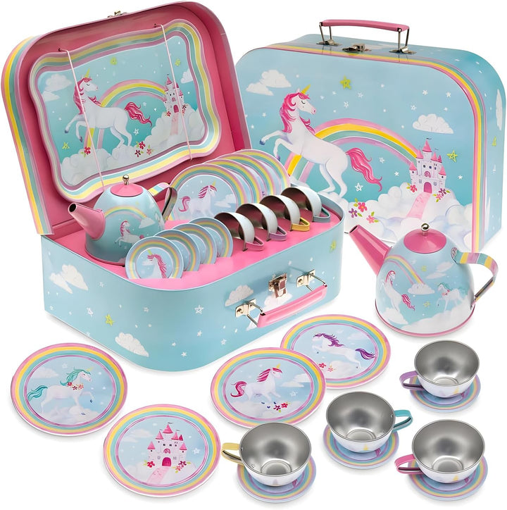 Tea Party Set - 15-Piece Toddler Tea Set with Unicorn Design for Kids - Includes Teapot, Cups, Saucers, Plates and Carrying Case for Imaginative Play and Storage
