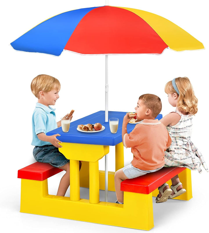 Kids Picnic Table, Indoor & Outdoor Table and Bench with Removable Umbrella, Portable Toddler Picnic Table and Chair Set for Garden, Backyard, Patio