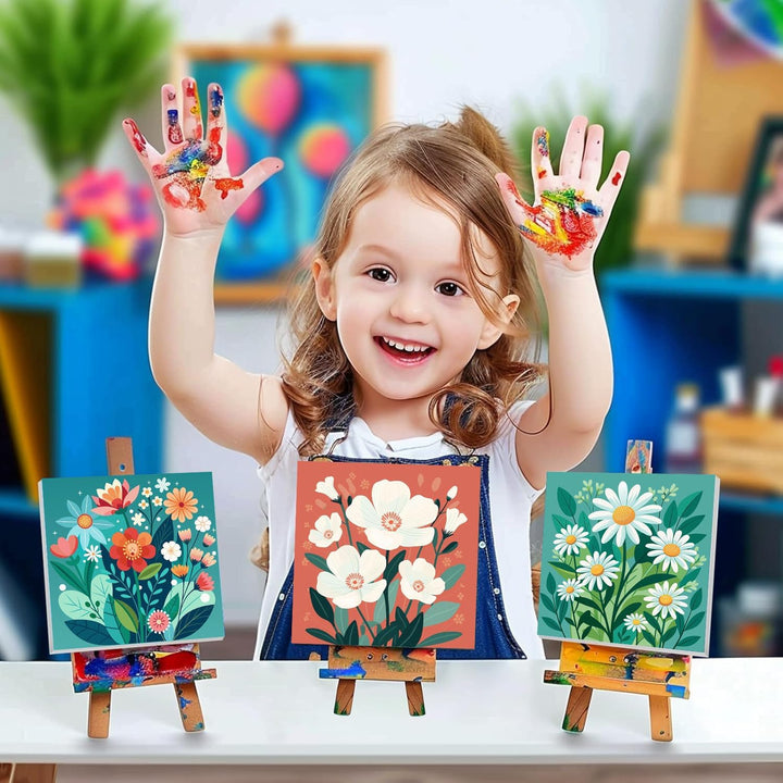 4 Pack Paint by Numbers Kit for Kids with Frame - Wooden Easel, Flowers Paint by Numbers for Kids Ages 4 8 12, Easy Flower Acrylic Oil Painting Kits for Home Wall Decoration 8X8 Inch