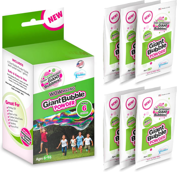 Big Bubble Refill Powder Mix (6 Packets) - Turns Dish Detergent into Giant Bubbles. Makes 6 GALLONS! - Made in USA