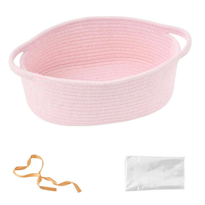 Gift Basket with Wrap Bag & Ribbon – Empty Small Woven Basket (12"X8"X5"), Cute Decorative Storage Organizer for Baby Showers, Pets, Toys, Shelves and More – White