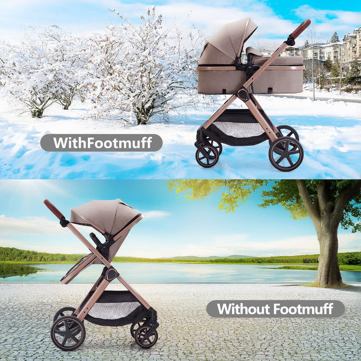 2 in 1 Baby Stroller, Newborn Infant Toddler Convertible Bassinet Pram Stroller for 0-36 Months Old Babies (Beige)