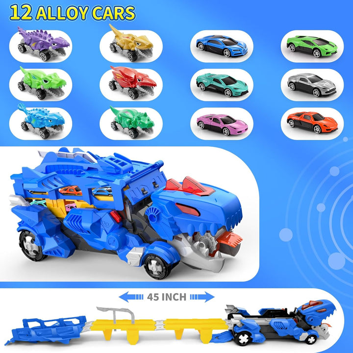 Dinosaur Car Toy with 12 Alloy Cars,45 Inch Foldable Track & Launch Button for Two-Player Racing,Transforms into Dino & Swallow System,Ideal Xmas Birthday Gift for Boys Girls Ages 3-12 (Blue)