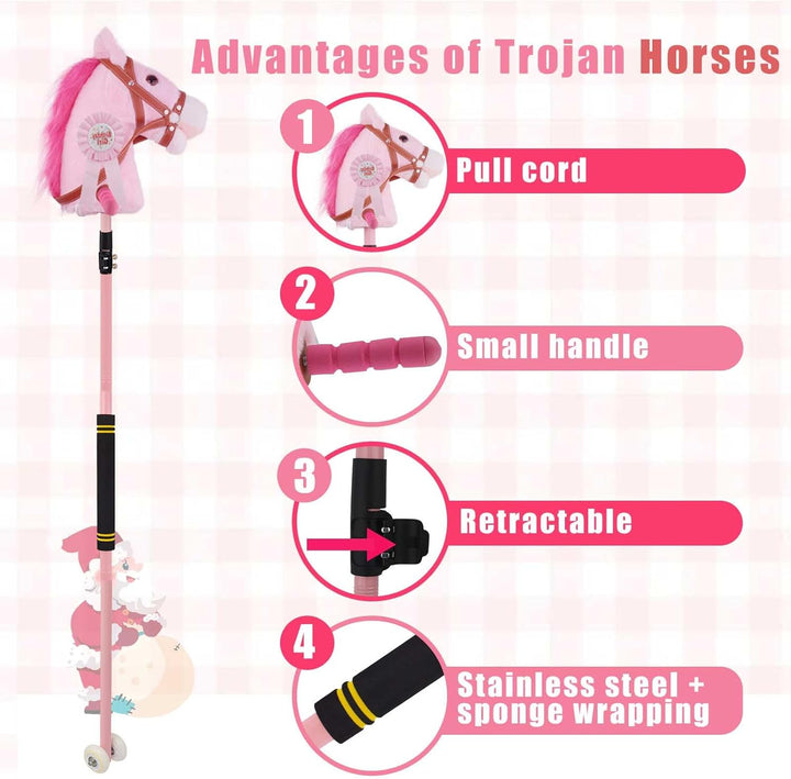 Stick Horse, Hobby Horse on a Stick for Children Ages 4-12 Adjustable 30-51" Length with Illuminated Silent Wheels Comfortable Sponge Wrapped Complimentary Battery Realistic Horse Neighs.