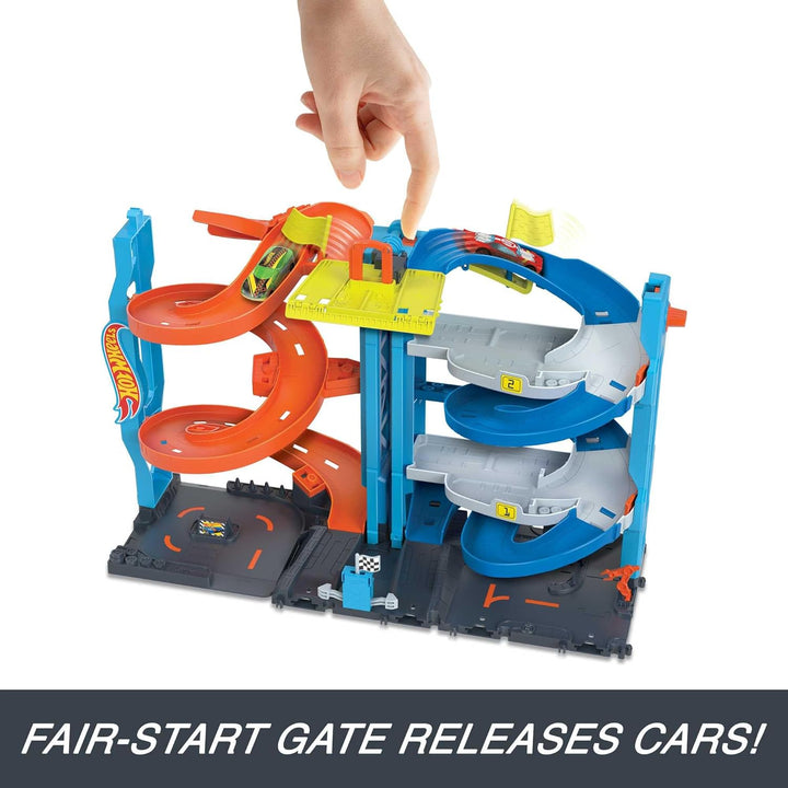 City Toy Car Track Set, Transforming Race Tower, Single to Dual-Mode Racing, with 1:64 Scale Vehicle, 2 Ways to Play