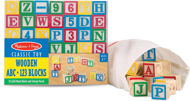 Deluxe Wooden ABC/123 1-Inch Blocks Set with Storage Pouch (50 Pcs)