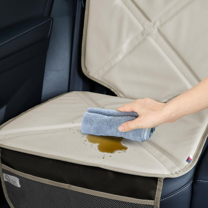 Car Seat Protector Leather Waterproof Child Safety Seat Protector Cover with Thick Pad and 2 Large Pockets Durable Kick Mat for All Auto Seat (Beige)