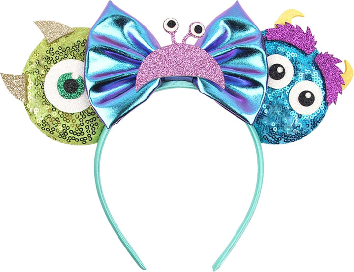 Monsters Mouse Ears for Party - Multicolored Sulley Sequin Blue Ears Photo Prop, Green Mr.Q Ears for Boy Theme Park, (1Pc)