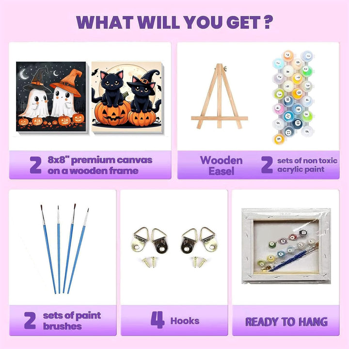2 Pack Paint by Numbers Kit for Kids with Frame-Wooden Easel, Halloween Paint by Numbers for Kids Ages 4 8 12, Easy Halloween Acrylic Oil Painting Kits for Home Wall Decoration 8X8 Inch