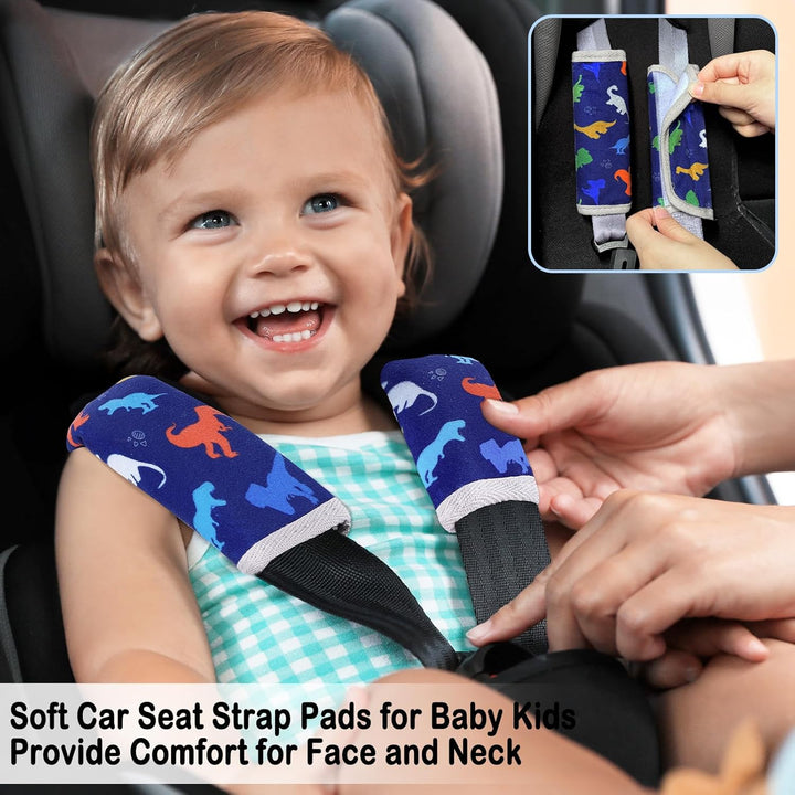 Seat Belt Cover Pad for Baby, Soft Seatbelt Cushion Covers for Kids 2Pcs Car Seat Strap Shoulder Pads for All Car Seats, Stroller, High Chair,Blue Dinosaur