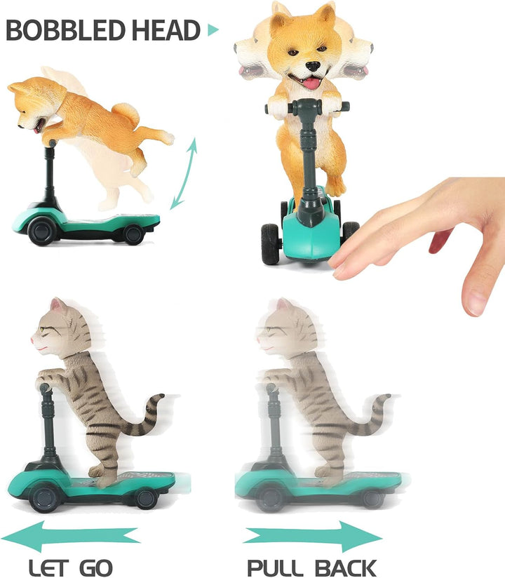 Dog and Cat Toy Scooter Pull Back Cars, 4-Pack Mini Animal Finger Kick Scooters with Panda, Kitten, Shiba Inu, and Bulldog Figures Toys for Boys and Girls Ages 3-6