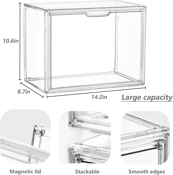 Clear Acrylic Display Case, Stackable Plastic Storage Bins with Magnetic Attraction Lid, Showcase for Cosmetic, Large Figures Collectibles, X-Large