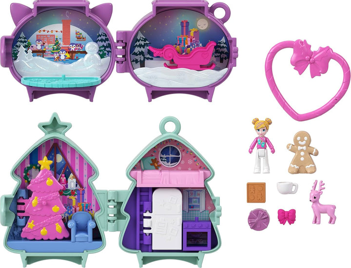 Mini Toys, Holiday Stackable Compact Playset Bundle with Micro Doll, Accessories, Pet Animal, Travel Toy with Clip